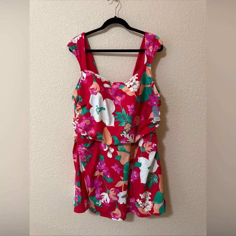 Lands 'End‎ 26W Smoothing Square Neck Ruched Swim Suit Dress Coral Rose Lilies